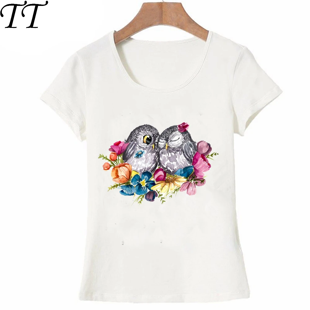 

Женская футболка с коротким рукавом, акварельная футболка с цветочным принтом Совы и влюбленных, повседневные футболки из мягкой ткани, топ...