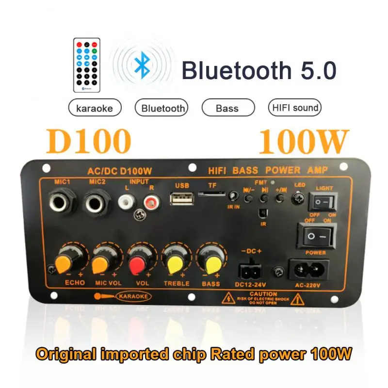

D100 Dual Mic Amplifier 100w Digital 5.0 Amplifier Board Subwoofer Amplifiers For 8-12 Inch Speaker Audio 220v 12v 24v