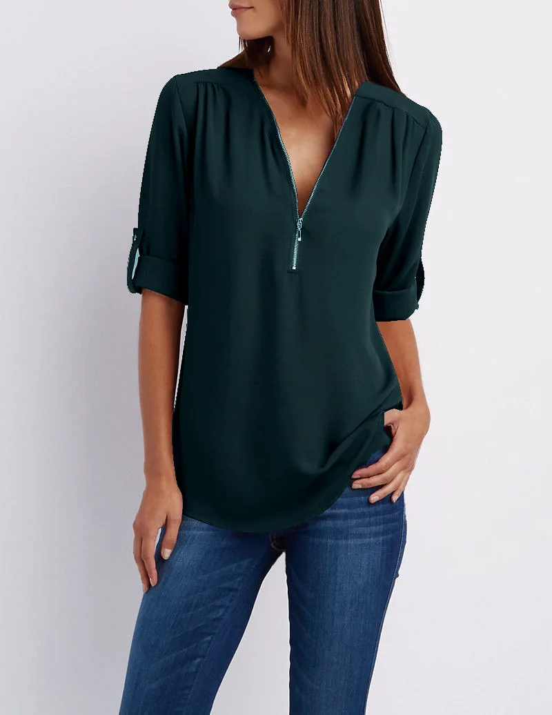 Loose chiffon shirt, V-neck, zip-up, long sleeve, V-neck, European and the United States 
Loose chiffon shirt, V-neck, zip-up, long sleeve, V-neck, European and the United States