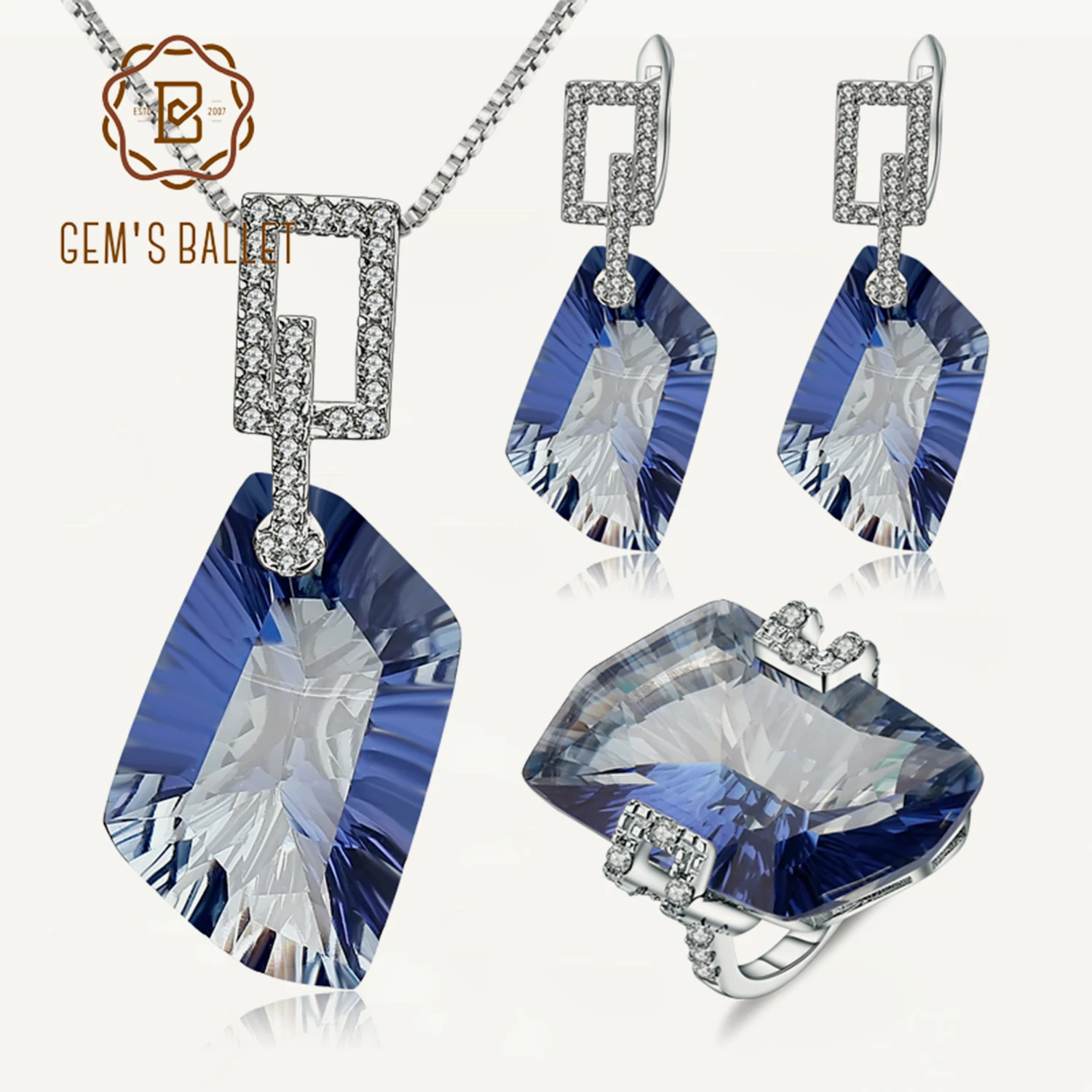GEM'S BALLET Design Iolite Blue Mystic Quartz Irregular Geometric Jewelry Sets 925 Sterling Silver Necklace Earrings Ring Set
GEM'S BALLET Design Iolite Blue Mystic Quartz Irregular Geometric Jewelry Sets 925 Sterling Silver Necklace Earrings Ring Set