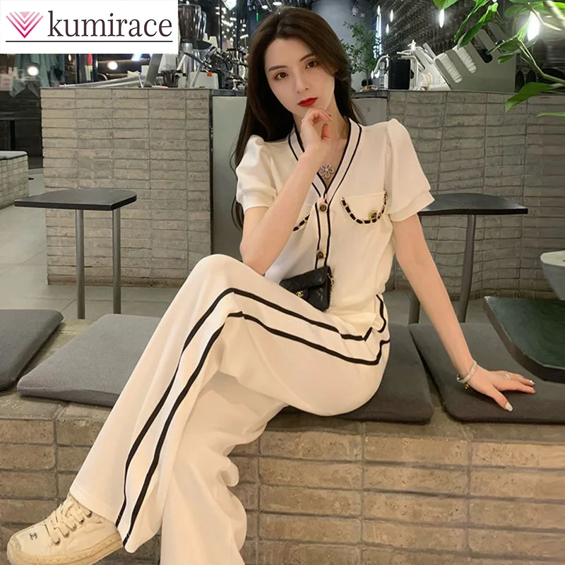Set Women's 2023 Summer Thin French Short Sleeve Top High Waist Slim Wide Leg Pants Two Piece Set Juicy Couture Tracksuit Women 
Set Women's 2023 Summer Thin French Short Sleeve Top High Waist Slim Wide Leg Pants Two Piece Set Juicy Couture Tracksuit Women