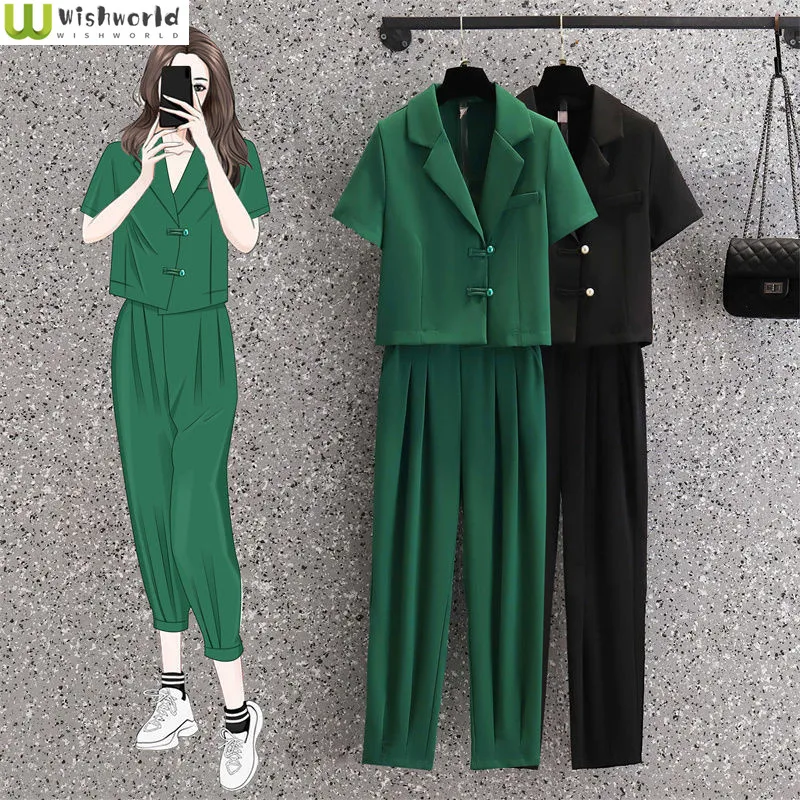Spring and Summer 2022 New Fashion Short Sleeved Suit Casual Cropped Pants Two Piece Suit Showing Thin Temperament Women's Suit
Spring and Summer 2022 New Fashion Short Sleeved Suit Casual Cropped Pants Two Piece Suit Showing Thin Temperament Women's Suit