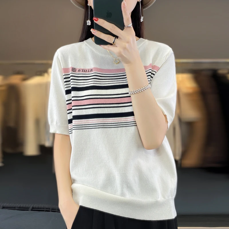 

Tencel Knitted Short-Sleeved T-Shirt 2023 Summer New Striped Temperament Relaxed And Simple Half Sleeve Bottoming Shirt