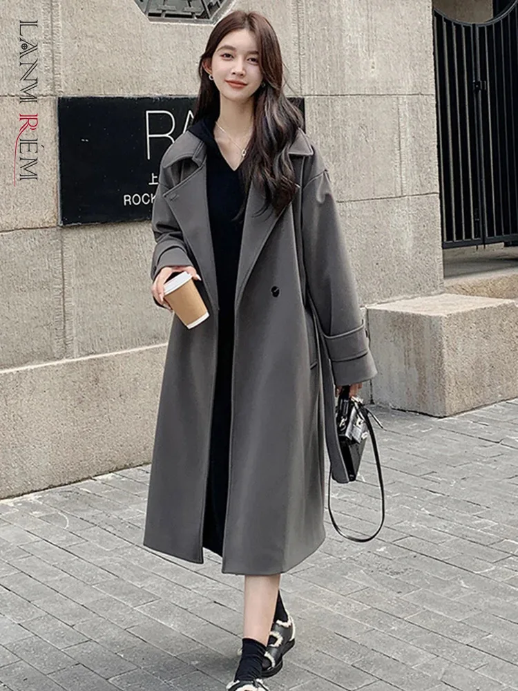 Женское двубортное пальто LANMREM, серое пальто средней длины с отворотом и поясом, новинка зимы 2023, 2AA3579 
Женское двубортное пальто LANMREM, серое пальто средней длины с отворотом и поясом, новинка зимы 2023, 2AA3579