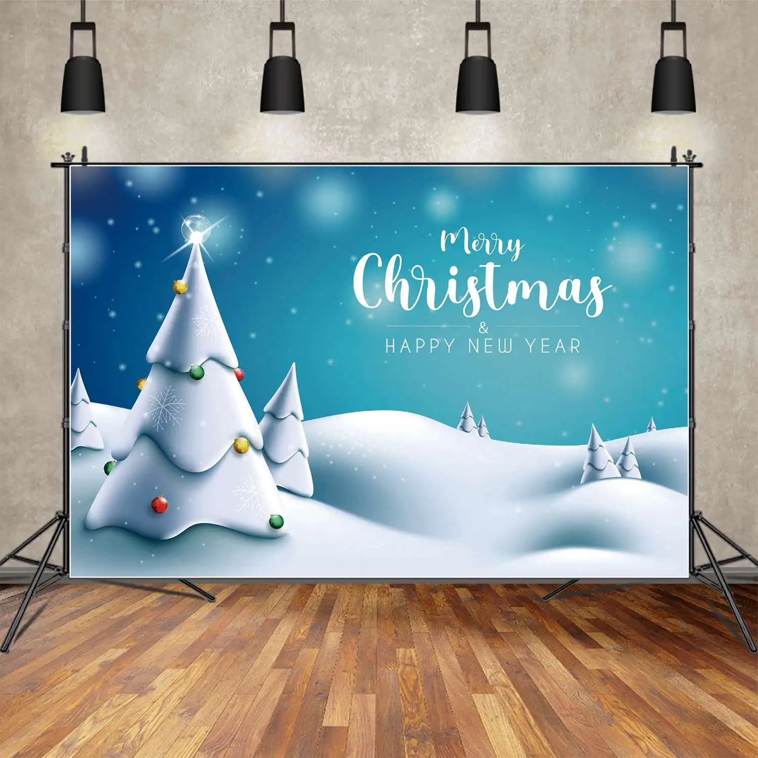 

MOON.QG Backdrop Merry Christmas Banner Snow Tree White Hill Ground Party Background Children's Snowflake Sky Party Photo Booth