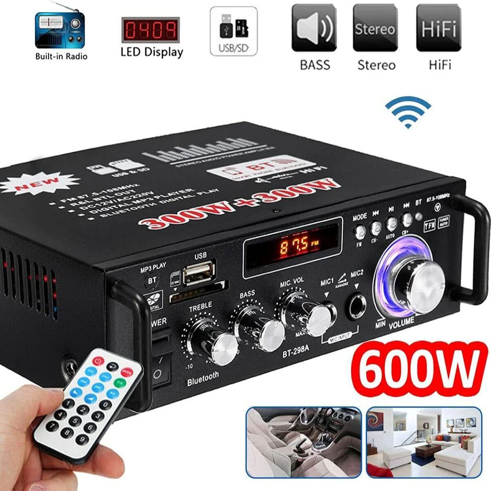 AV-298BT 600W Home Power Amplifiers 2 Channel Bluetooth Surround Stereo Sound FM USB Remote Control Mini HIFI Digital Amplifier
AV-298BT 600W Home Power Amplifiers 2 Channel Bluetooth Surround Stereo Sound FM USB Remote Control Mini HIFI Digital Amplifier