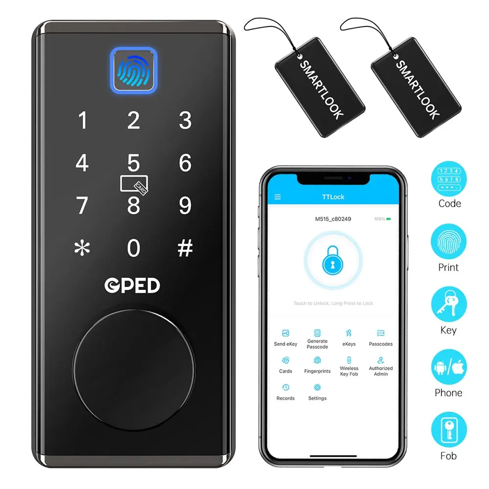 Smart Door Lock, 5 in 1 Keyless Entry Door Lock with APP Control, Fingerprint, Touchscreen Keypad, IC Card, Keys, Auto Lock, Rem
Smart Door Lock, 5 in 1 Keyless Entry Door Lock with APP Control, Fingerprint, Touchscreen Keypad, IC Card, Keys, Auto Lock, Rem