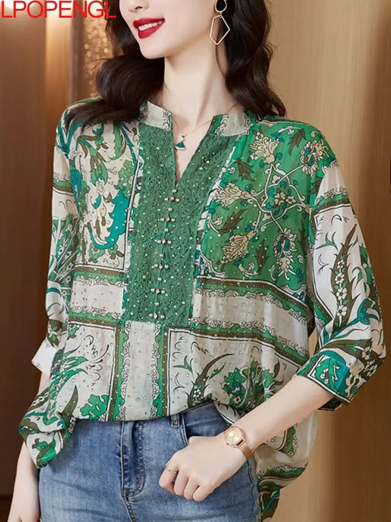 Женская винтажная блузка с цветочным принтом, Повседневная Свободная рубашка с рукавом три четверти для офиса, весна-лето 
Женская винтажная блузка с цветочным принтом, Повседневная Свободная рубашка с рукавом три четверти для офиса, весна-лето