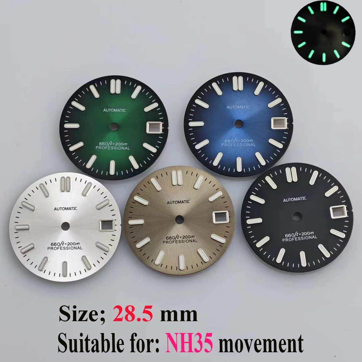 Green Luminous Watch Faces 28.5mm Date Window Black Grey NH35 Dial For Japanese Automatic Mechain Movement
Green Luminous Watch Faces 28.5mm Date Window Black Grey NH35 Dial For Japanese Automatic Mechain Movement