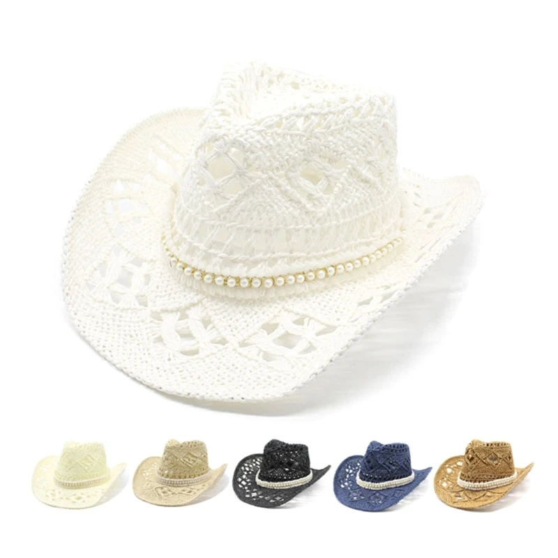 

Hollow Out Cowboy Hat for Women Wide Brim Pearls Cowgirl Straw Hat Wedding Party Props Bachelorette Party Hat for Female