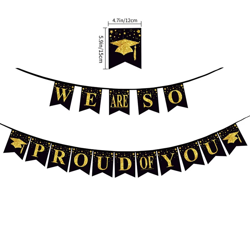 

Black Gold Balloon Graduation Banner Decoration Congrats Grad School Celebrations 2023 Pull Flag Hanging Party Supplies