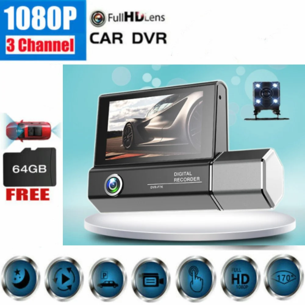 

3 Channel Car DVR FHD 1080P 3-Lens Inside Vehicle Dash Cam Three Way Cameras DVRs Video Recorder Registrator Dashcam Camcorder