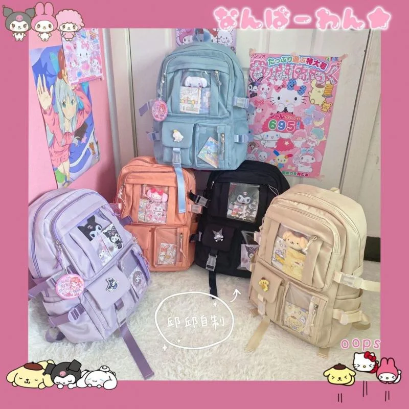 

Sanrio New Backpack Mymelody Kuromi Kawaii Cinnamoroll Pompom Purin Cartoon Large Capacity Student Schoolbag Outdoor Backpack