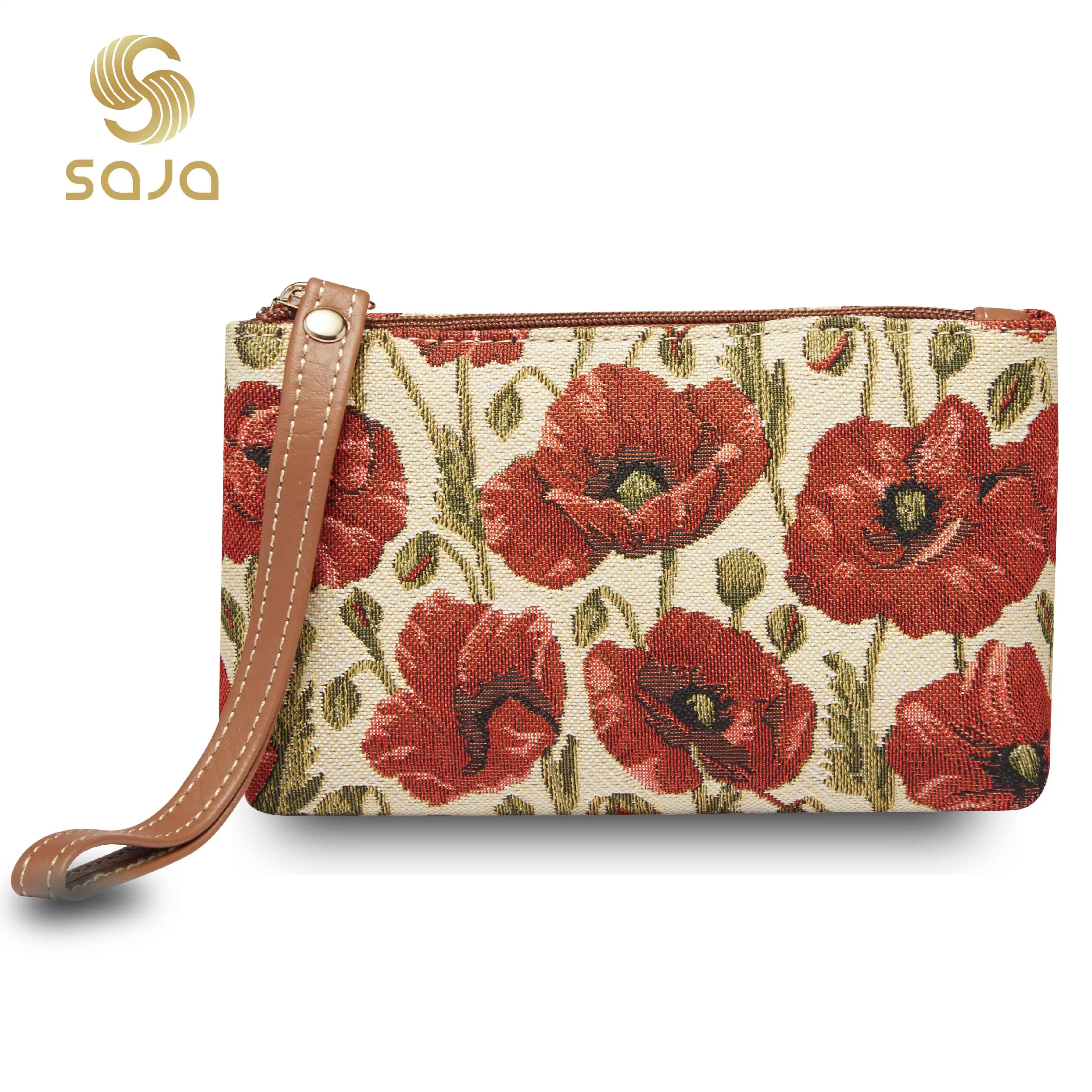 

SAJA Wrist Bag Wristlets Coin Purses Women's Wallet Tapestry Bags Pouch Red Poppy Flower Lipstick Credit Cards Holder For Girls