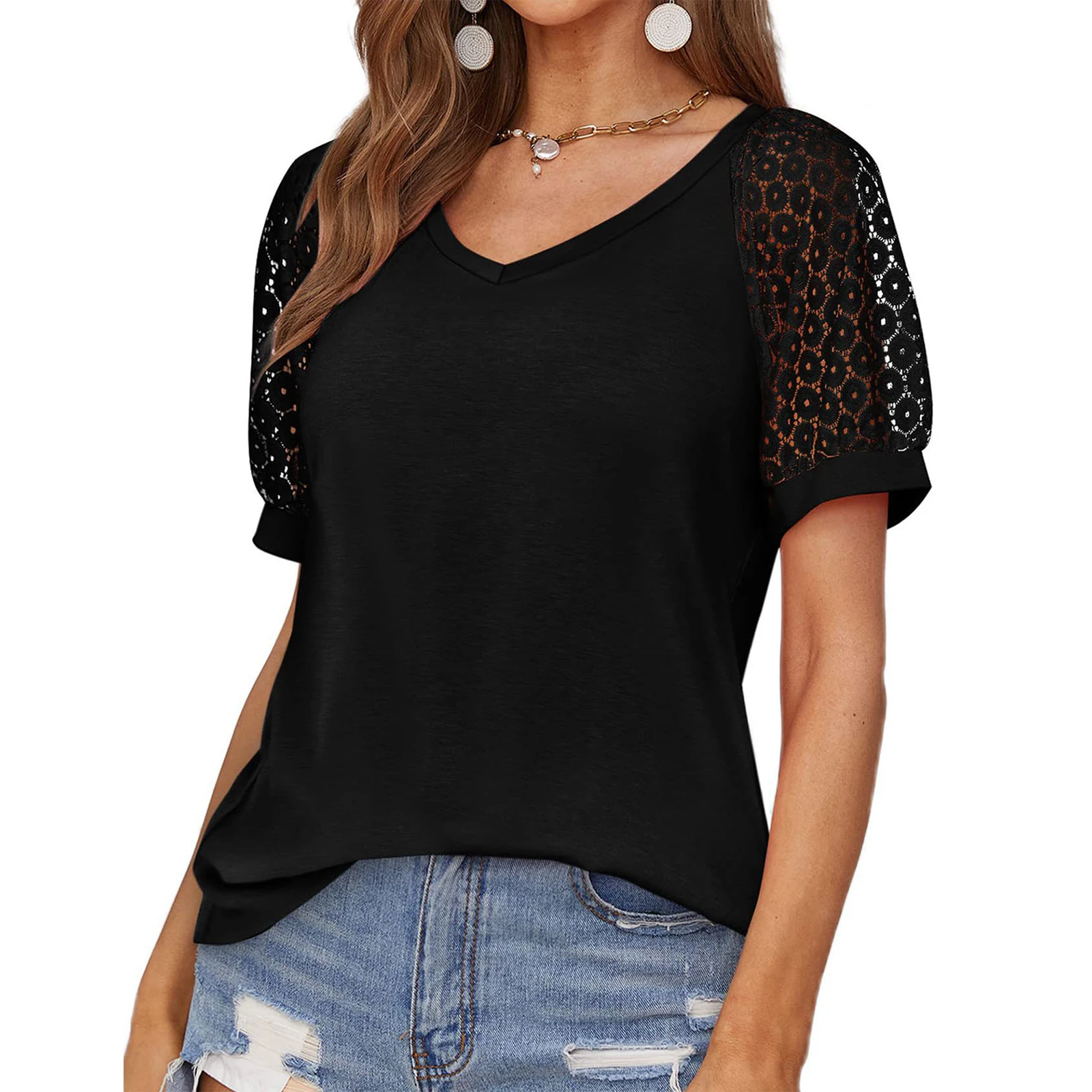 Women's Tops Lace Short Sleeve Blouses V Neck T Shirt Dressy Loose Casual Tops Casual Street Tshirt Blusa Feminina
Women's Tops Lace Short Sleeve Blouses V Neck T Shirt Dressy Loose Casual Tops Casual Street Tshirt Blusa Feminina