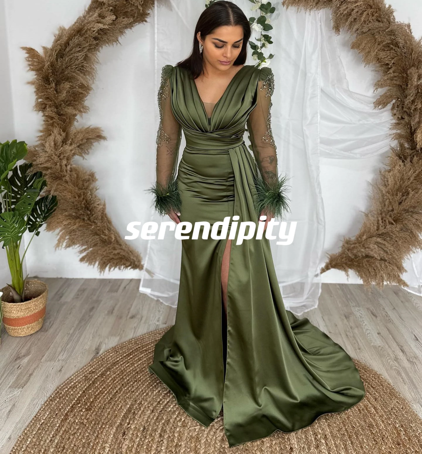 

Serendipity Ball-Gown V-neck Floor-length Ruffle Feather Lace Beadings Satin Zipper Up CapStraps Long Sleeves Prom Dresses