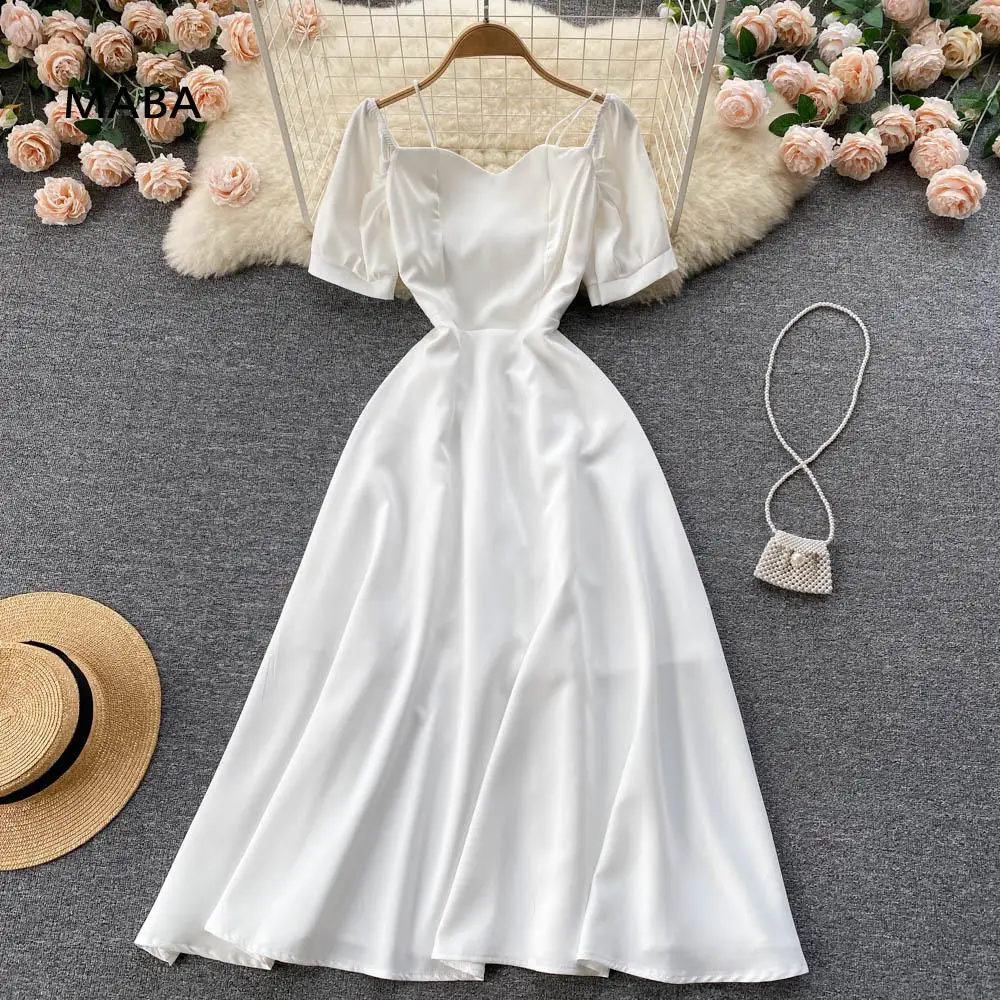 

Женское винтажное платье-трапеция, элегантное белое длинное платье с квадратным вырезом и коротким рукавом, приталенное вечернее платье во...