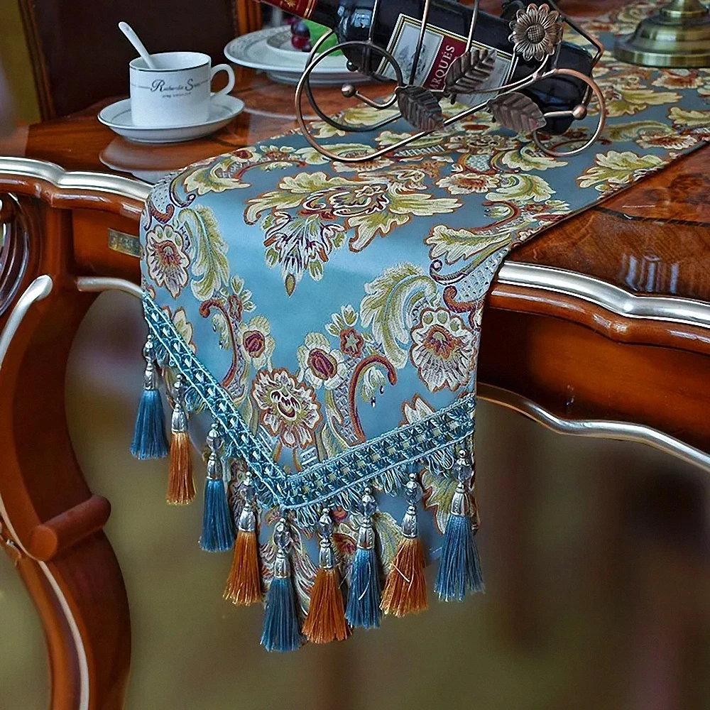 Embroidered Blue Table Runners, Jacquard Fabric Damask Table Runners with Handmade Multi-Tassels, Dresser Decor Table Runners
Embroidered Blue Table Runners, Jacquard Fabric Damask Table Runners with Handmade Multi-Tassels, Dresser Decor Table Runners