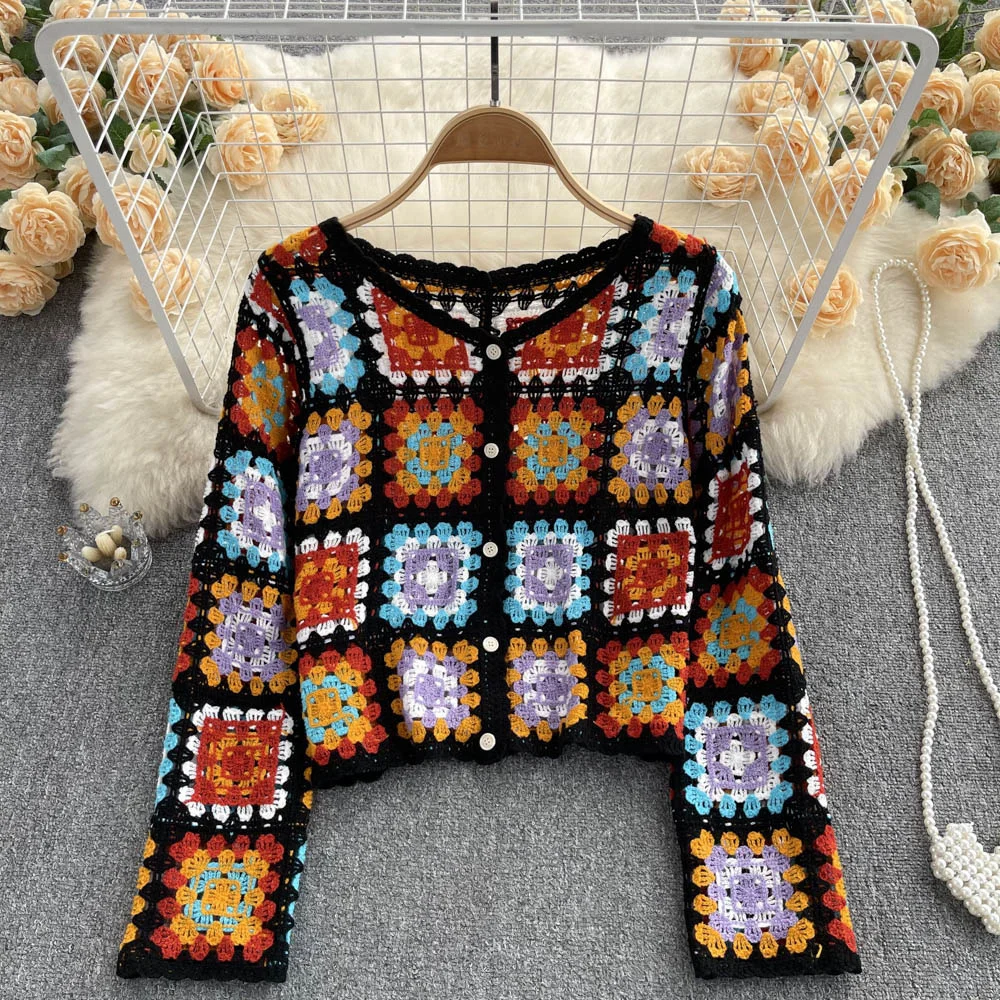 

Indie Folk Cardigans For Women Autumn Crochet Flower Hollow Out Long Sleeve V-Neck Sweaters Single Breasted Chic Woman Cardigan