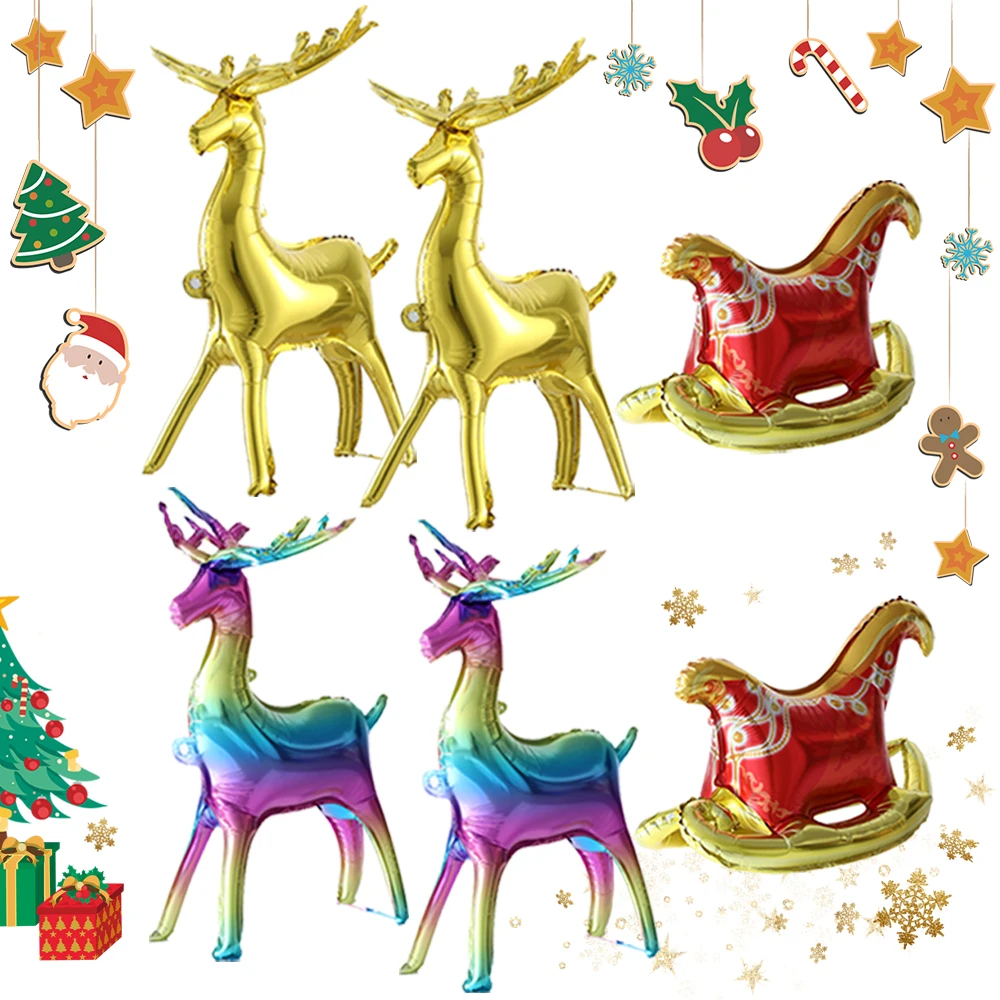 

4D Cute Standing Gold Elk Deer With Sled Foil Balloons Christmas Home Party Decorations Gifts Colorful Reindeer Santa Elk Sleigh