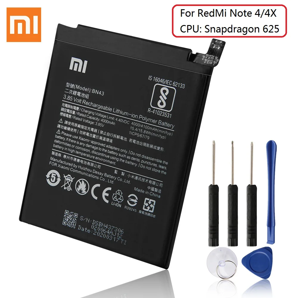 100% оригинальный сменный аккумулятор Xiaomi BN43 для Xiaomi Redmi Note4 Note4X Global Snapdragon 625 4000 мАч инструменты большой емкости
100% оригинальный сменный аккумулятор Xiaomi BN43 для Xiaomi Redmi Note4 Note4X Global Snapdragon 625 4000 мАч инструменты большой емкости