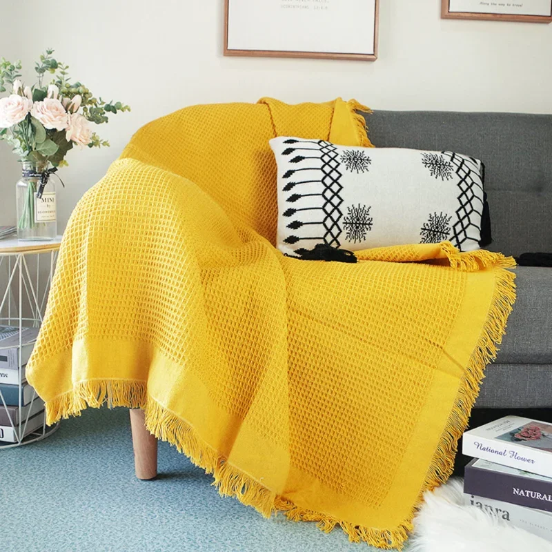 

Pure Cotton Blankets Office Bedding Sofa Knitted Cover With Tassel Tapestry For Bed Modern Home Hotel Airplane Travel Decor