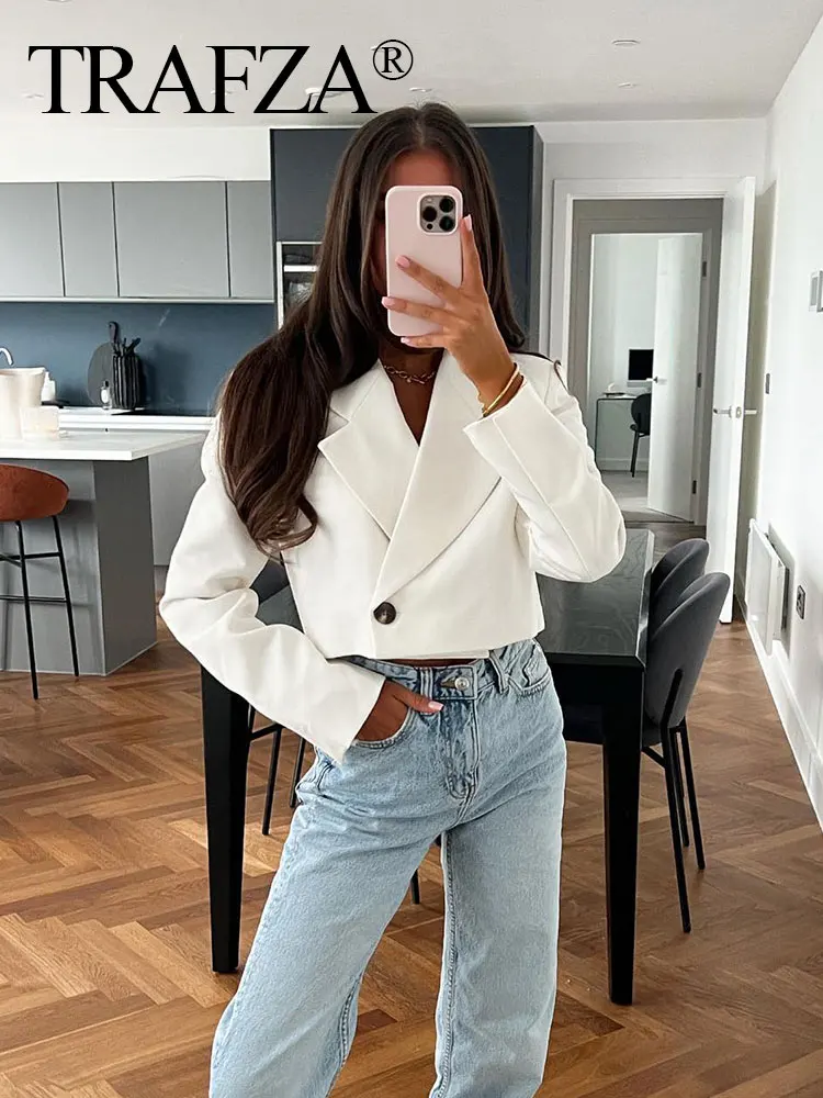 

TRAF ZA Women Fashion Blazer 2023 Solid Lapel Long Sleeve Loose Cropped Suit Female Textured Casual Streetwear Woman Blazers