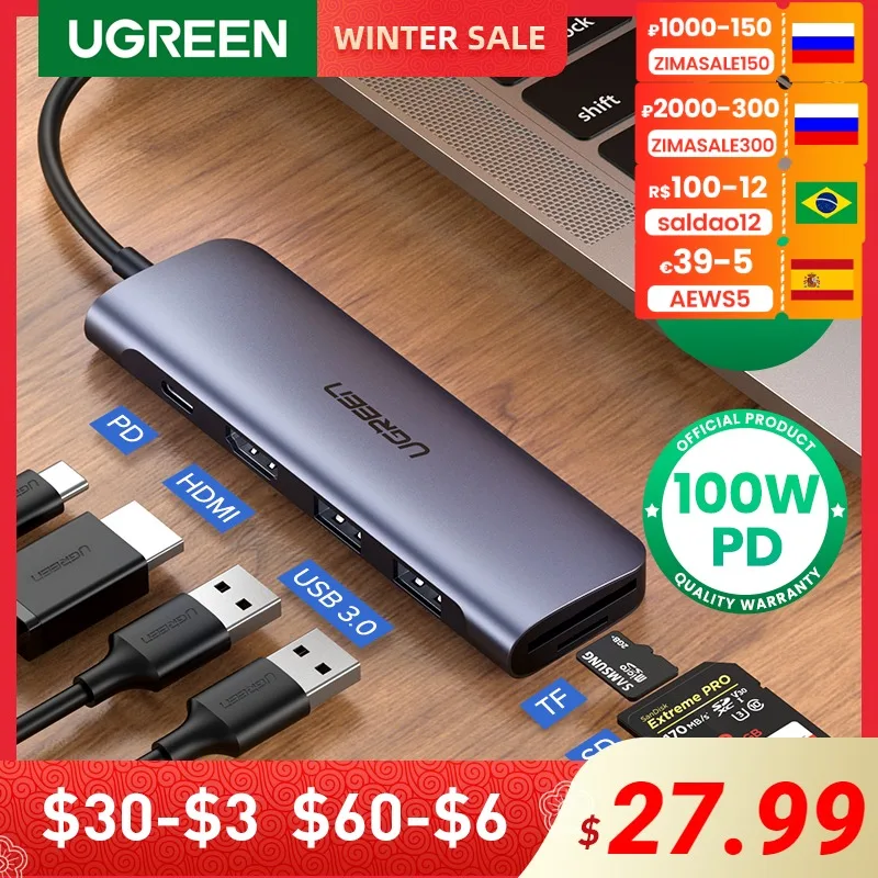 UGREEN USB C Hub Type C 3.1 to HDMI 4K USB 3.0 SD TF 100W PD Dock Station Adapter for MacBook Pro Air 2020 Galaxy USB C HUB
UGREEN USB C Hub Type C 3.1 to HDMI 4K USB 3.0 SD TF 100W PD Dock Station Adapter for MacBook Pro Air 2020 Galaxy USB C HUB