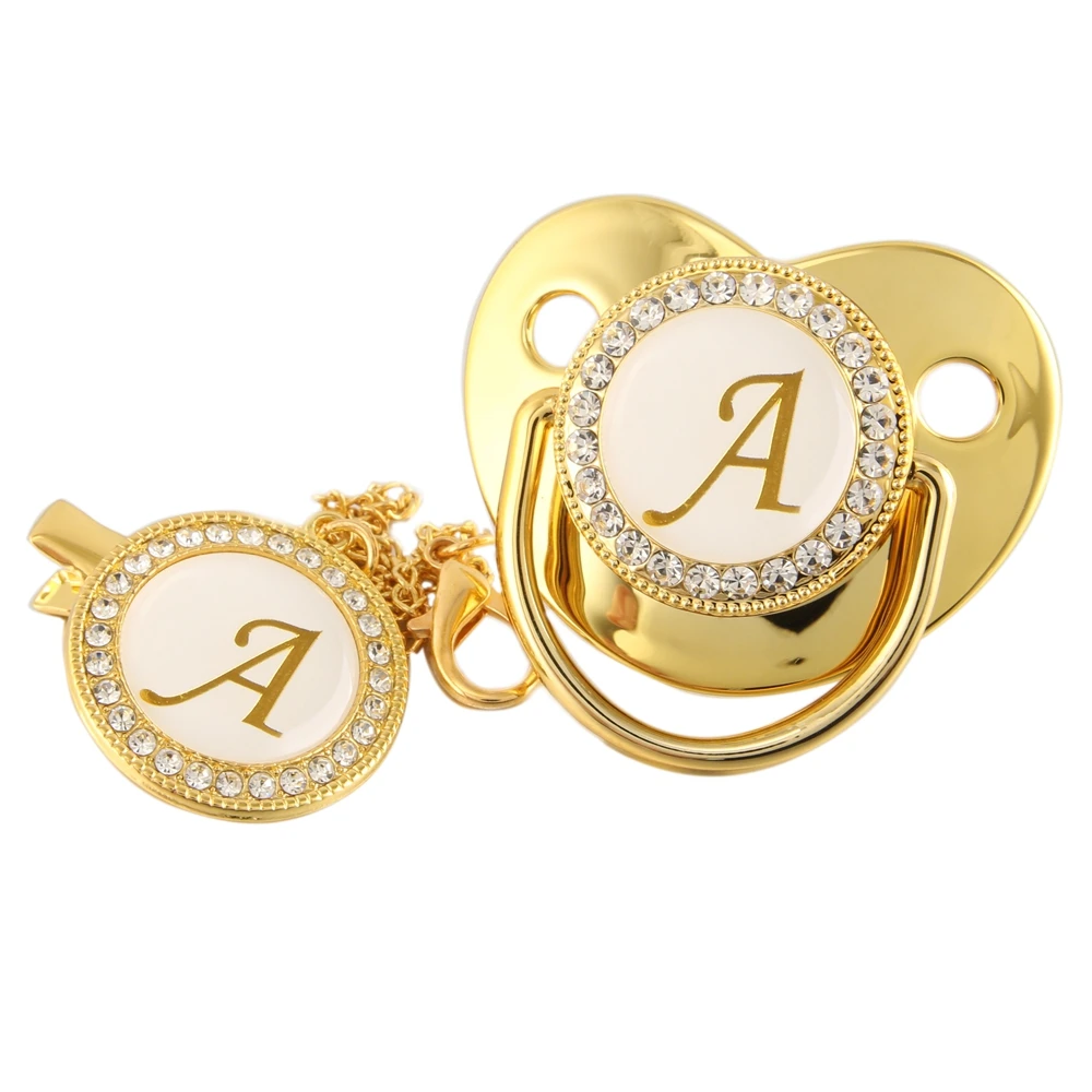 Name Initial 26 Letters Baby Pacifier and Pacifier Clips BPA Free Silicone Infant Nipple Gold Bling Newborn Dummy Soother
Name Initial 26 Letters Baby Pacifier and Pacifier Clips BPA Free Silicone Infant Nipple Gold Bling Newborn Dummy Soother