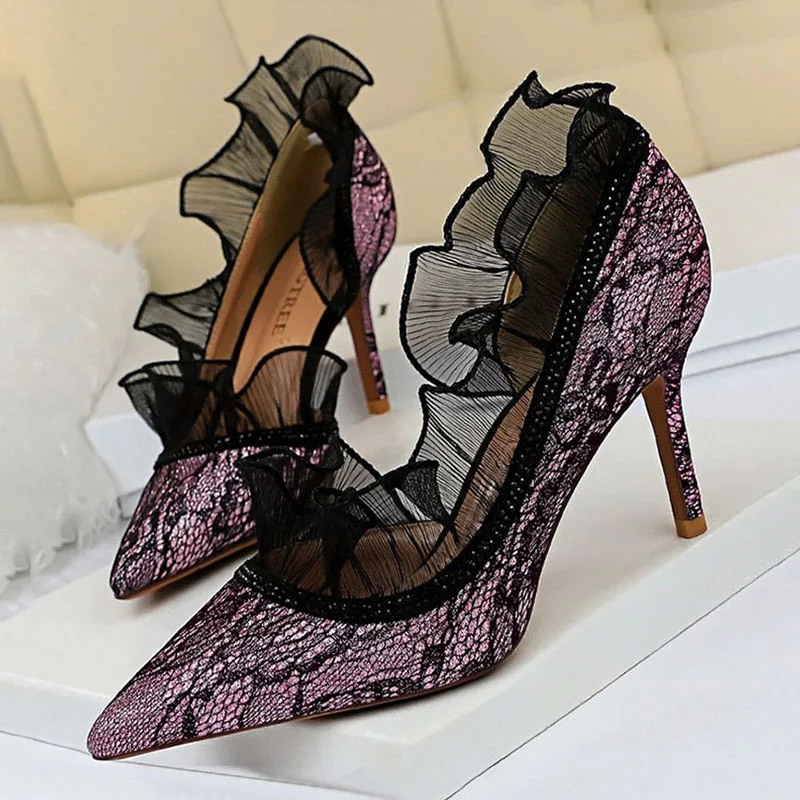 

Shoes Sexy High Heels Lace Woman Pumps Party Shoes Kitten Heels Women Shoes Feamle Stiletto 8 Cm Women Basic Pump Shoes