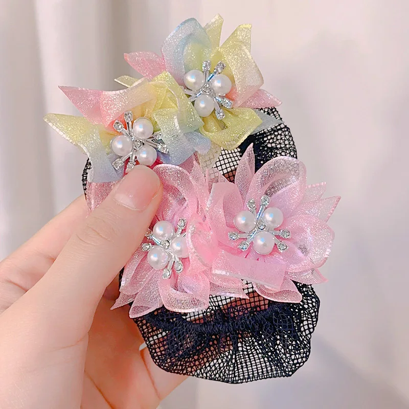 

Children's Updo Hair Net Flower Pearl Headdress Girl Dancing Bun Net Bag Barrettes Hair Cover Hairpin Hair Clips for Girls