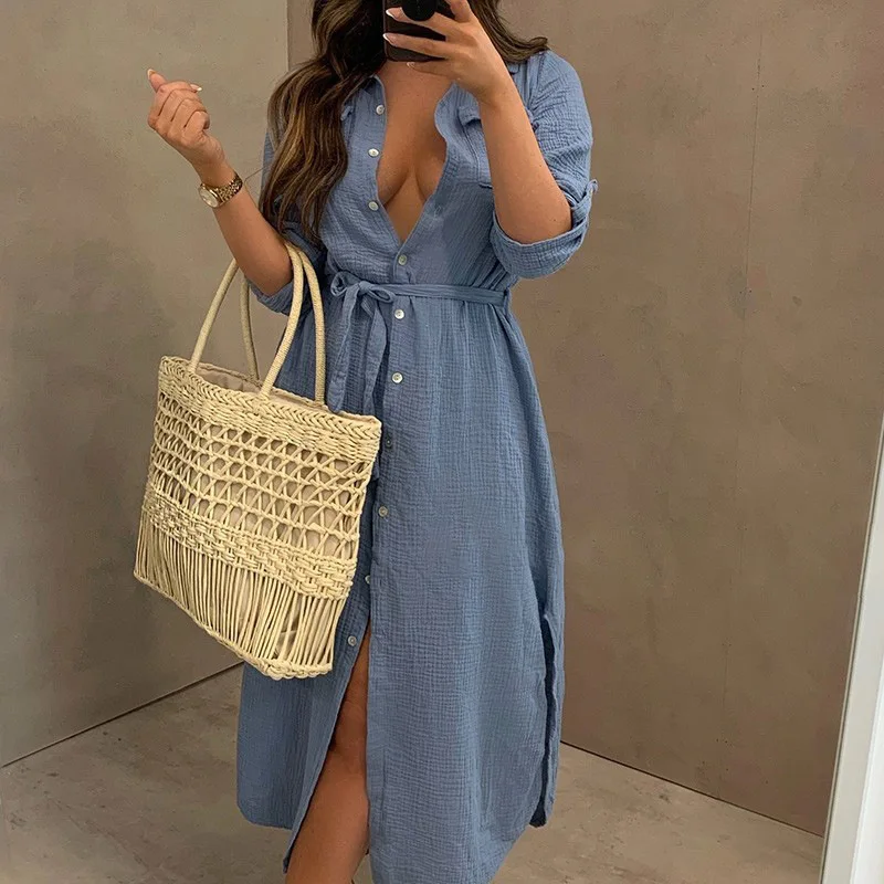 2022 Women Casual Long Dress Turn Down Collar Long Sleeve Lacing Solid Buttons Pocket Vestidos Feminino Spring Summer Dresses
2022 Women Casual Long Dress Turn Down Collar Long Sleeve Lacing Solid Buttons Pocket Vestidos Feminino Spring Summer Dresses