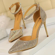 Sexy Women 10cm High Heels Sandals Wedding Glitter Bridal Heels Champagne Gold Pumps Fetish Stiletto Crystal Glitter Strap Shoes