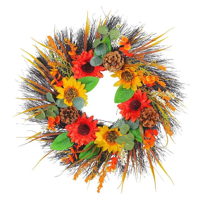 

Sunflower Wreath Artificial Sunflower Wreath With Pine Cones Wheat Ears Harvest Wreath 16 Inch Autumn Front Door Wreath Fall