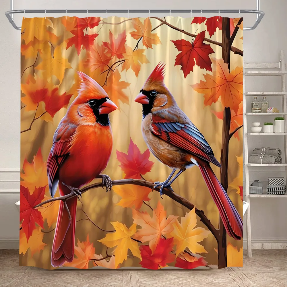 

Autumn Red Birds Shower Curtain Forest Maple Leaves Trees Animal Fall Nature Scenery Cloth Curtains Bathroom Decor With Hooks