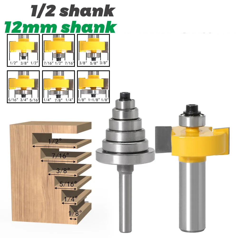 

1PC 1/2" 12.7MM 12MM Shank Milling Cutter Wood Carving Rabbet Router Bit with 6 Bearings Set Tenon Cutter for Woodworking Tools