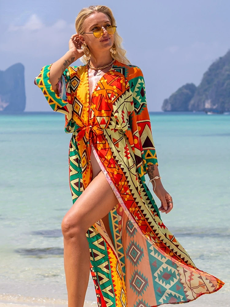 

Swimsuit Cover Up Printed Kimono for Sea Boho Coverup Long Luxury Beach Outings Belted Swimwear Cape Holiday Bathing Suits Sales