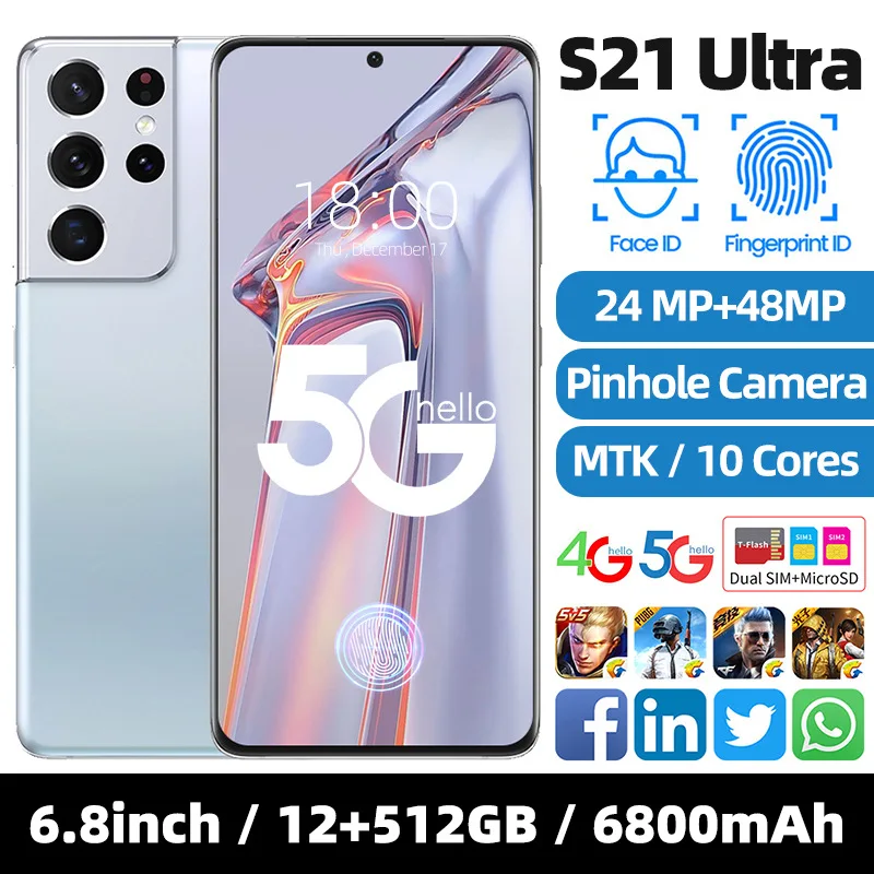 Смартфон S21 Ultra, телефон с экраном 6,7 дюйма без рамок, 8 + 512 ГБ, 24 + 48 Мп, 6800 мАч, две Sim-карты + SD-карта, Android
Смартфон S21 Ultra, телефон с экраном 6,7 дюйма без рамок, 8 + 512 ГБ, 24 + 48 Мп, 6800 мАч, две Sim-карты + SD-карта, Android