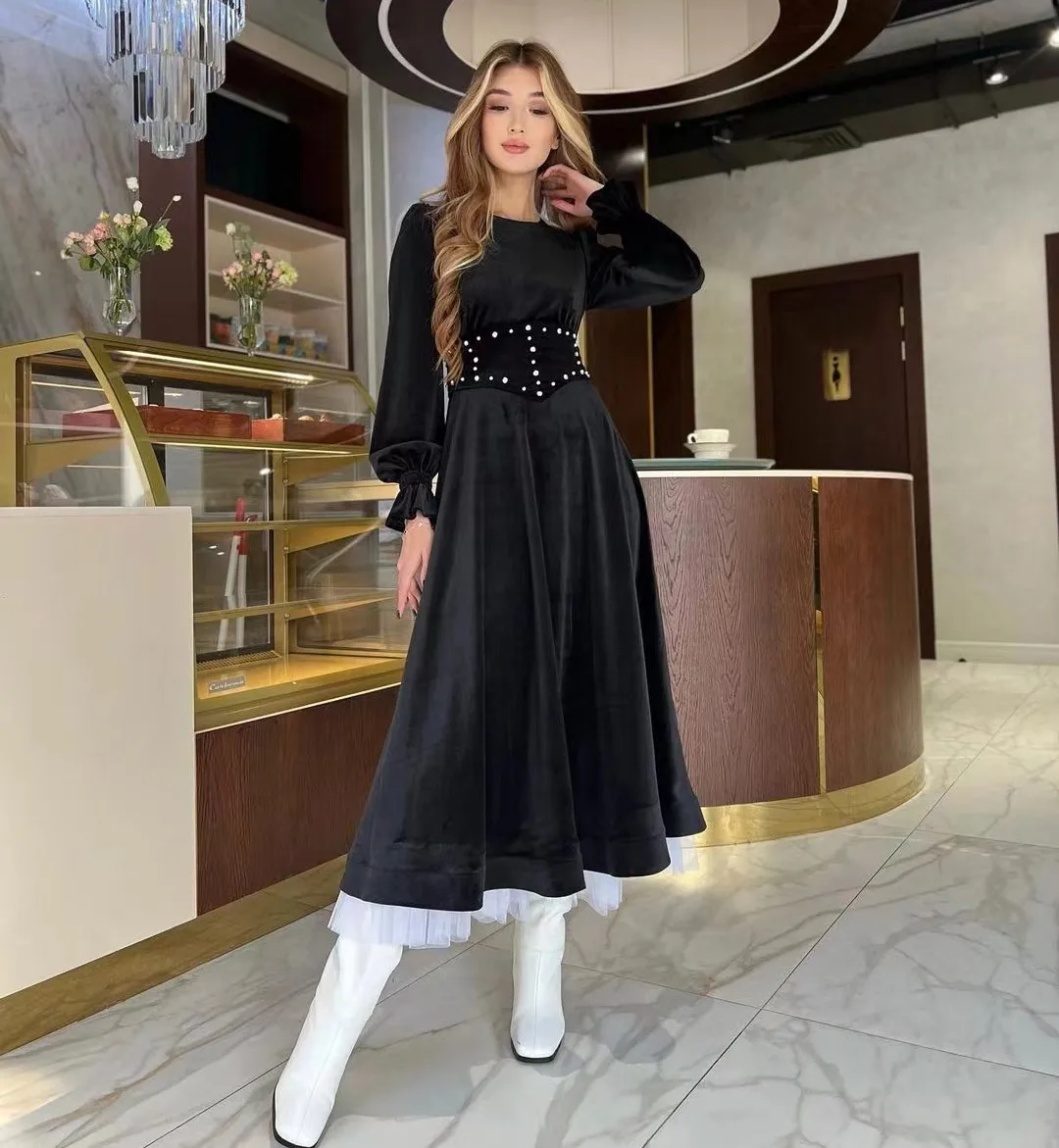 

Sayulita Black Velour White Tulle A Line Prom Dresses Beaded Sash Crew Neck Cocktail Party Evening Gown Long Sleeves Bride Dress
