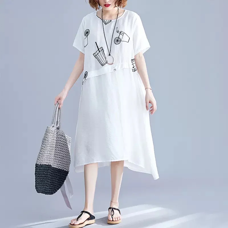 Summer Woman Cotton Linen Mid-calf O-neck New Fashion Embroidery Short Sleeves Casual Dresses Female
Summer Woman Cotton Linen Mid-calf O-neck New Fashion Embroidery Short Sleeves Casual Dresses Female