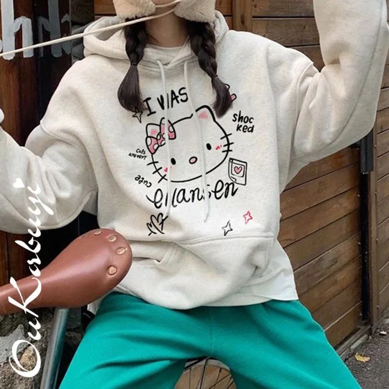 Cute Cartoon Hello Kitty Hooded Sweater Sanrios Autumn And Winter New Product Large Print Loose Velvet Hooded Sweater For Women
Cute Cartoon Hello Kitty Hooded Sweater Sanrios Autumn And Winter New Product Large Print Loose Velvet Hooded Sweater For Women