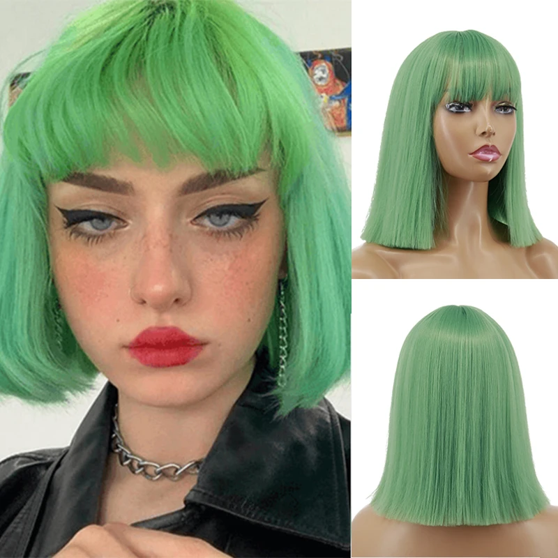 Green short wave synthetic wig with bangs straight Brazilian hair wig female real hair heat-resistant wig
Green short wave synthetic wig with bangs straight Brazilian hair wig female real hair heat-resistant wig