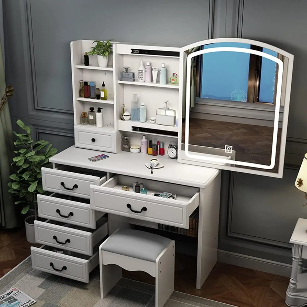 Set Makeup Vanity Dressing Table with Sliding Lighted Mirror, Cushioned Stool, Touch Light 3 Color Lighting Modes Adjustable Bri
Set Makeup Vanity Dressing Table with Sliding Lighted Mirror, Cushioned Stool, Touch Light 3 Color Lighting Modes Adjustable Bri