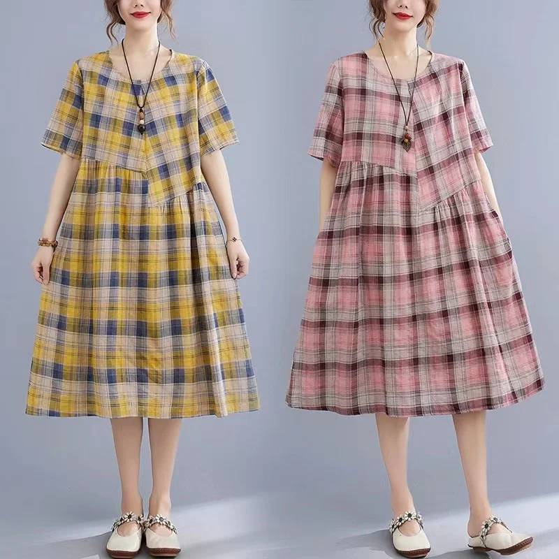 Plaid Cotton Linen Dress Women's Summer Vintage Large Size Loose Medium Length A-Line Short Sleeved Kaftan Maxi Dress
Plaid Cotton Linen Dress Women's Summer Vintage Large Size Loose Medium Length A-Line Short Sleeved Kaftan Maxi Dress