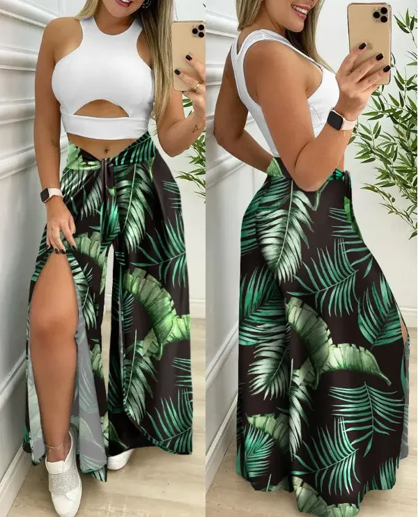 

Tropical Print Wide Leg Pants Set Women 2022 Summer New Sexy Sleeveless Cutout Crop Top & Slit Pants Outfits 2 Piece Sets