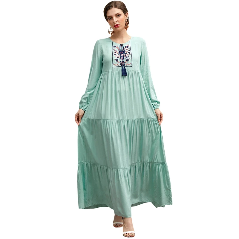 

Classic Muslim Embroidered Long Sleeve Dress Multi-Layer Splicing Tassel Arab Robe Elegant Women's Ethnic Apparels