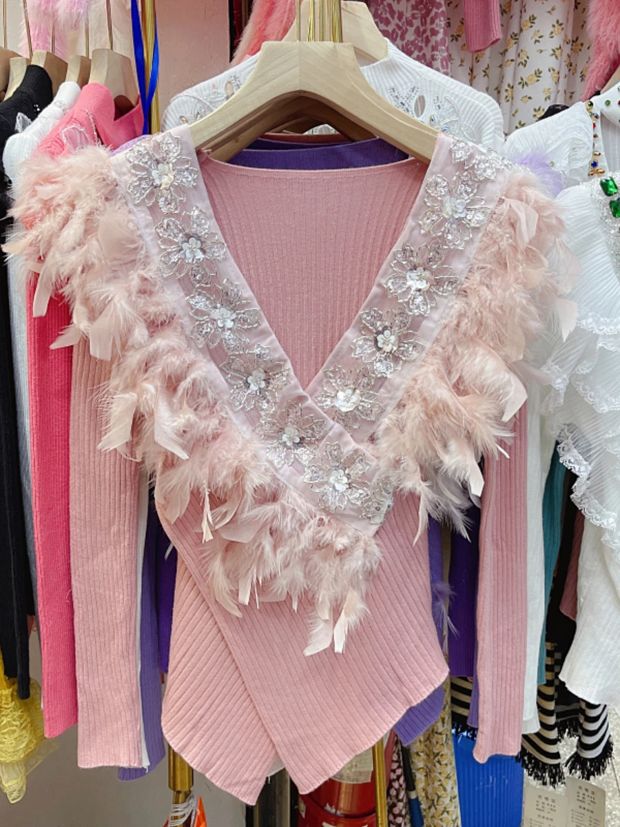 French Fashion Stitching Feather Knitted Top Slim Fit Inner Wear Elegant V-neck Bead Split Pullover Long Sleeve Sweater Women
French Fashion Stitching Feather Knitted Top Slim Fit Inner Wear Elegant V-neck Bead Split Pullover Long Sleeve Sweater Women