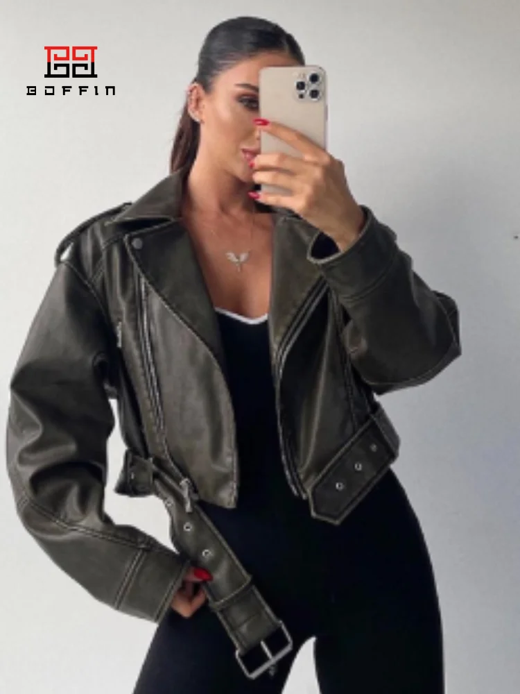 BOFFIN Washed Women Jacket Leather Belt Vintage Collar Locomotive Cool Gradient Zipper Short Coat Female Fashion Casual Jacket
BOFFIN Washed Women Jacket Leather Belt Vintage Collar Locomotive Cool Gradient Zipper Short Coat Female Fashion Casual Jacket