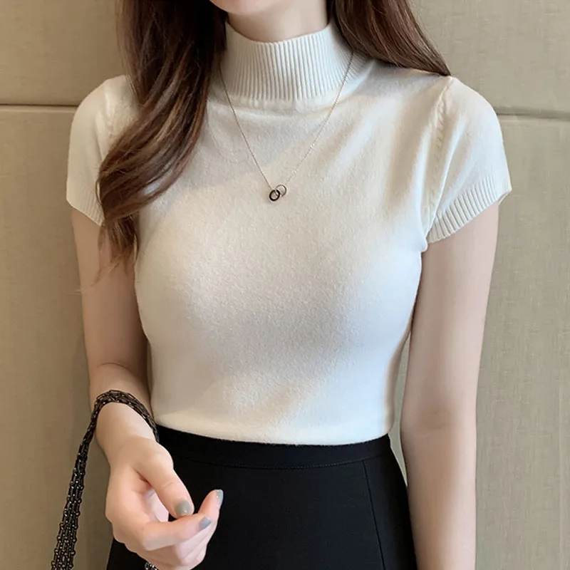 

Knitted Casual Women Korean Tops Blusas Mujer De Moda Spring Summer Women New Solid Slim Turtleneck Blouse Blusas Clothing 8622