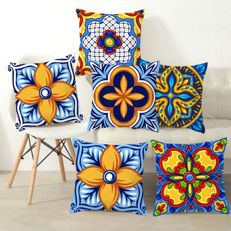 

Floral Cushion Case Vintage Blue Porcelain Print Sofa Throw Pillows Case Polyester/ Home Decor Ethinic Geometric